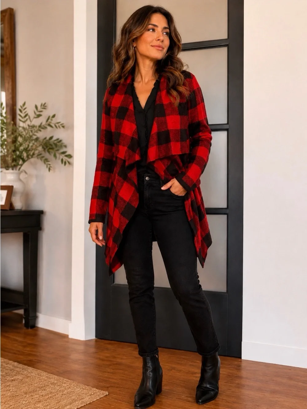 Lauren Ralph Lauren Red Black Buffalo Plaid 100% Wool Shawl Cardigan Sweater med